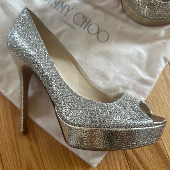 JIMMY CHOO GLITTER PEEP TOE PUMPS SZ 8.5 - Picture 7 of 16